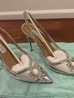 Aquazzura Silver Crystal-Embellished Slingback Pumps